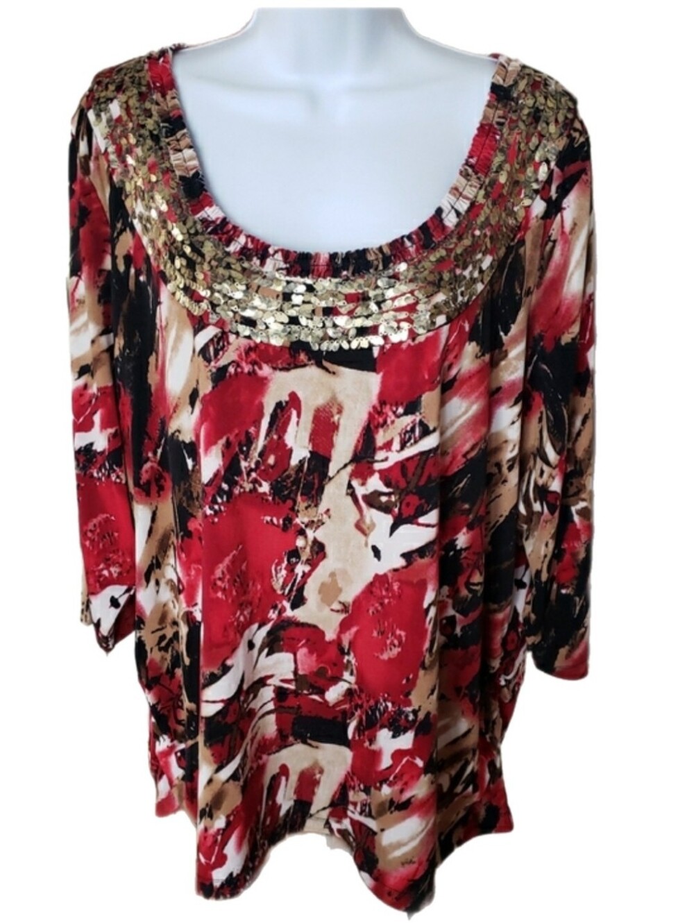 Laura Ashley Red Floral Metallic Ornate Scoop Neck Tunic, 3X